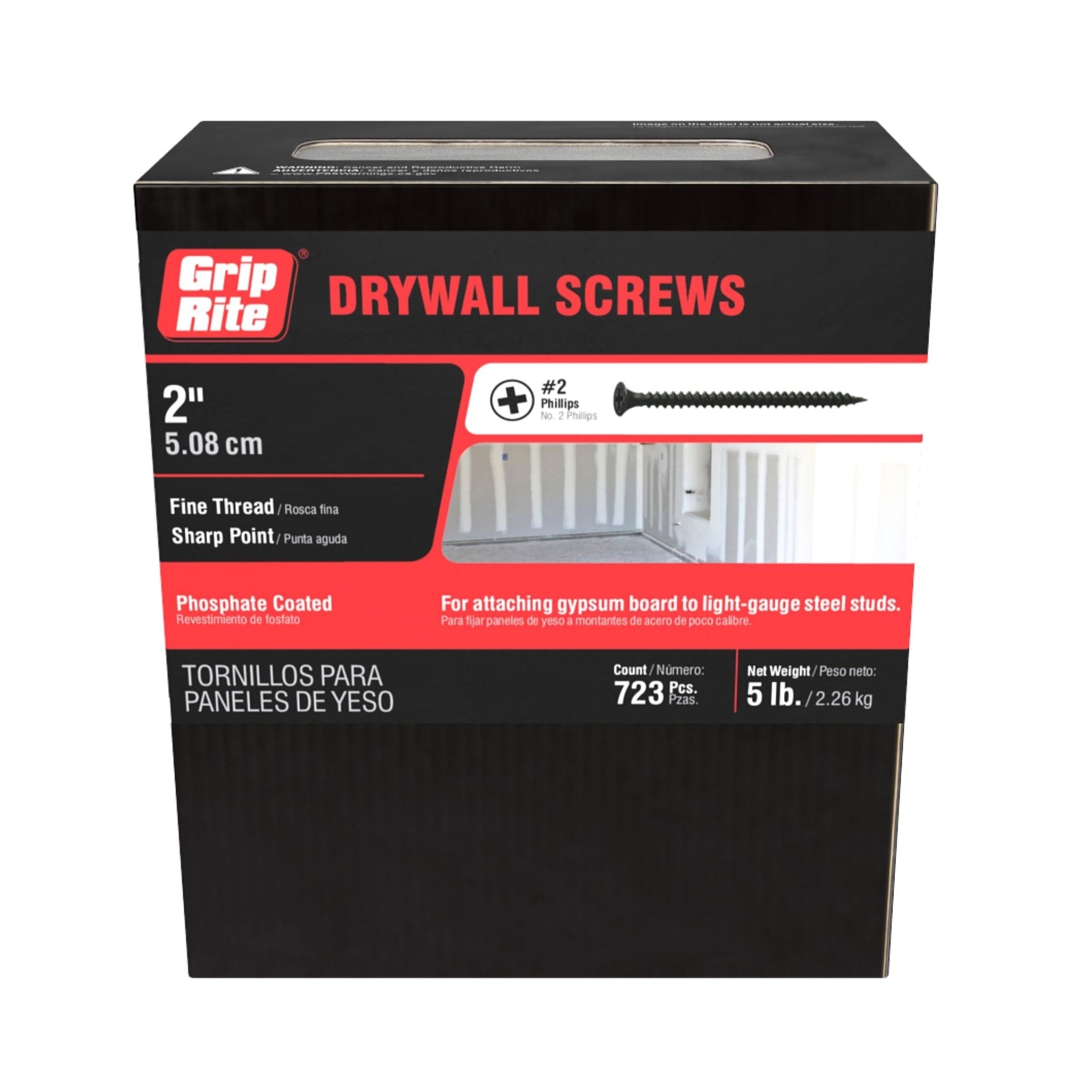 A box of GRIP-RITE 2DWS5 #6 x 2 in. fine-thread drywall screws, with a black phosphate coating and bugle head design, contains 723 screws. Suitable for gypsum board to light-gauge steel studs, the box weighs 5 pounds.